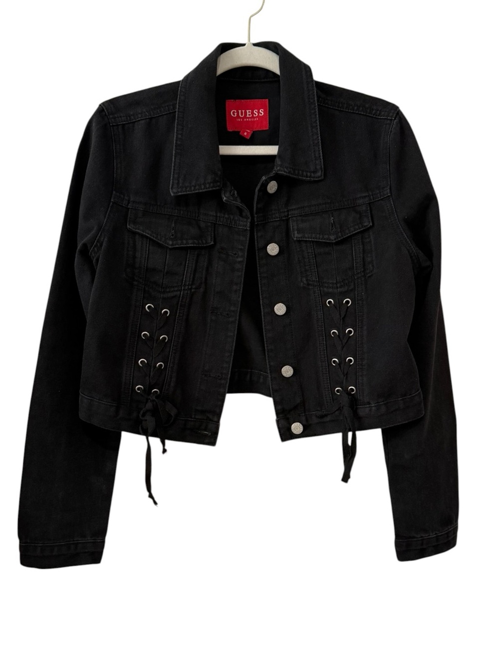 Guess Black Lace Up Corset Cropped Denim Trucker Jacket Cotton Y2K Size Medium